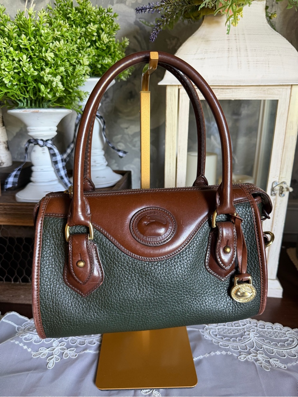 Vintage Dooney & Bourke AWL Deep Green Pebbled Italian Leather Satchel Bag